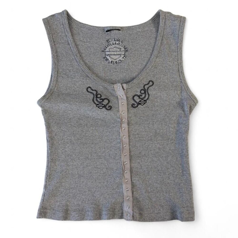 Harley Davidson full snap ribbed grey tank top